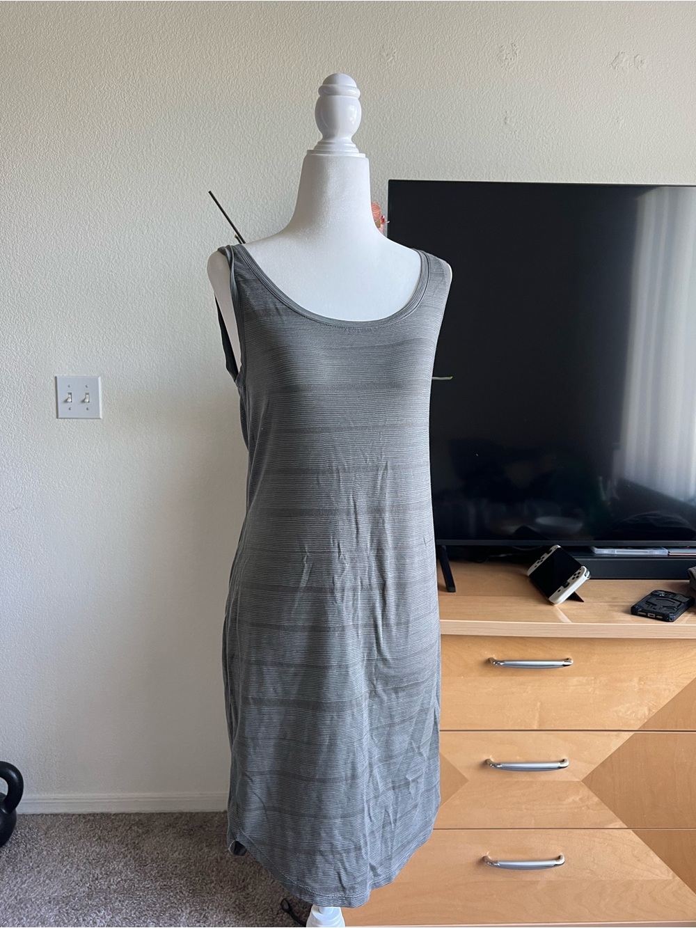 Icebreaker Cool-Lite Merino Knit Gray Striped Sheath Dress Scoop Neck S
